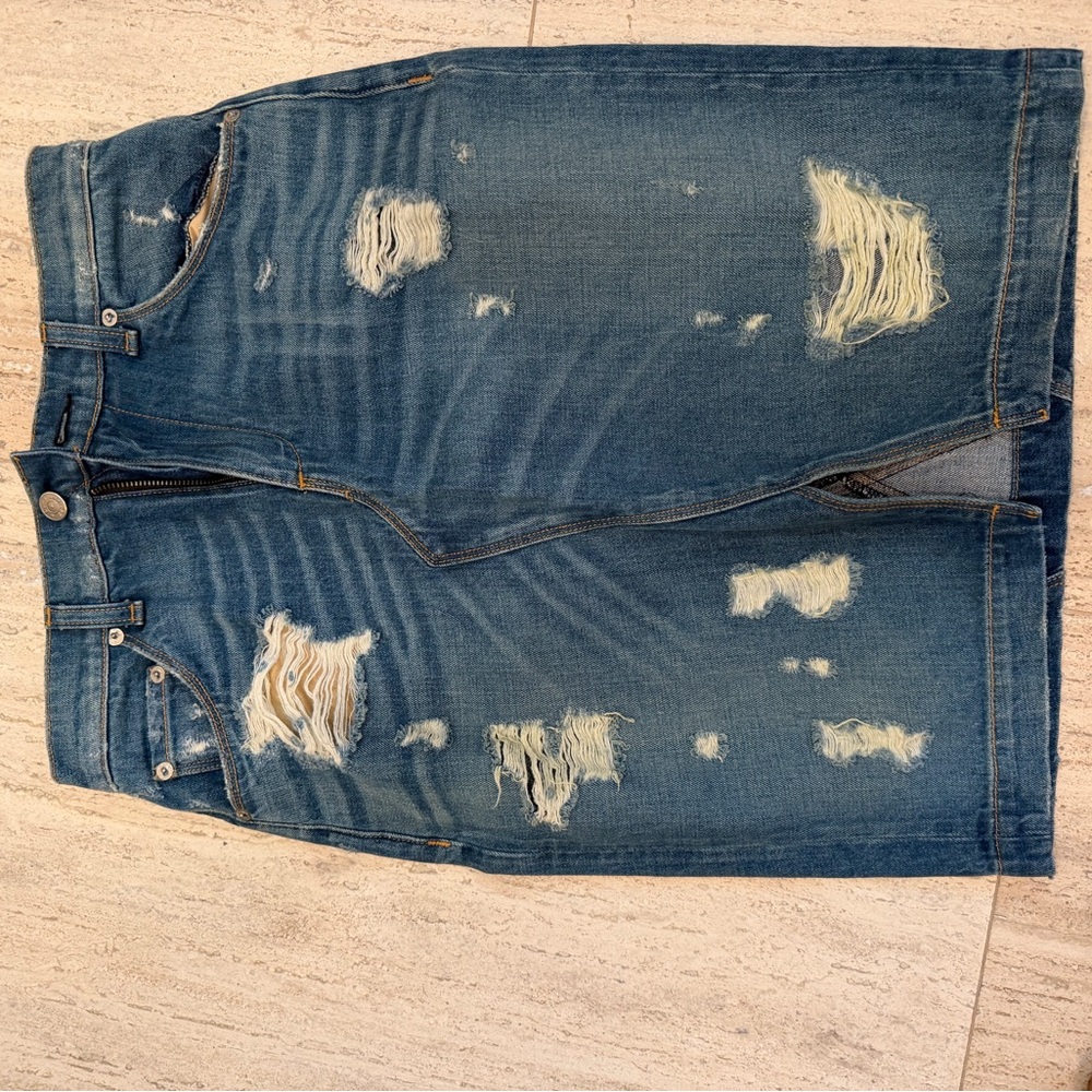 rag & bone Distressed Blue Denim Pencil Skirt